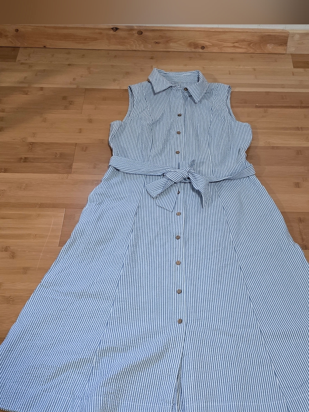 Sleeveless Blue & White Stripe Shirt Dress with Tie Waist No Size/name Tag